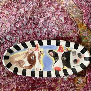 Handmade Ceramic Serving Tray”Horse and Cow BuddiesDesign 12.5”x5.5”Original